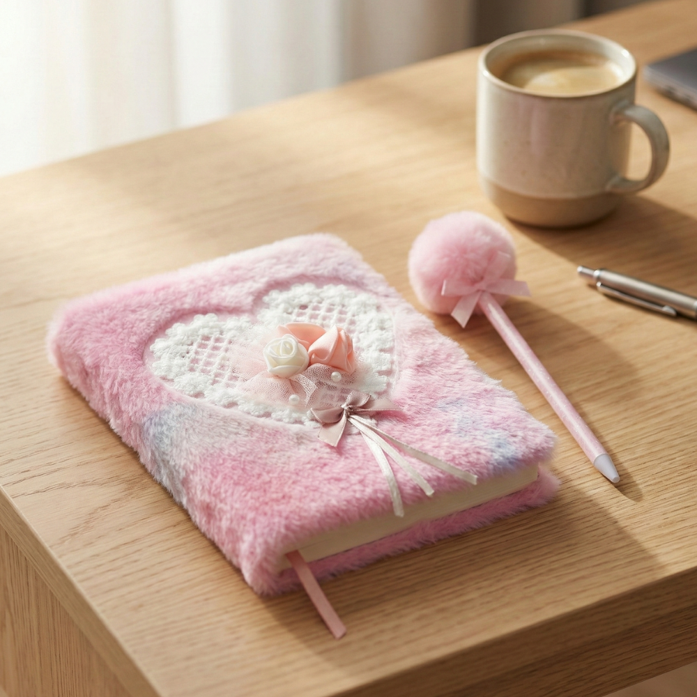 Pink Plush Heart Diary Set with Matching Pom-Pom Pen, Fluffy Journal with Lace & Rose Accents