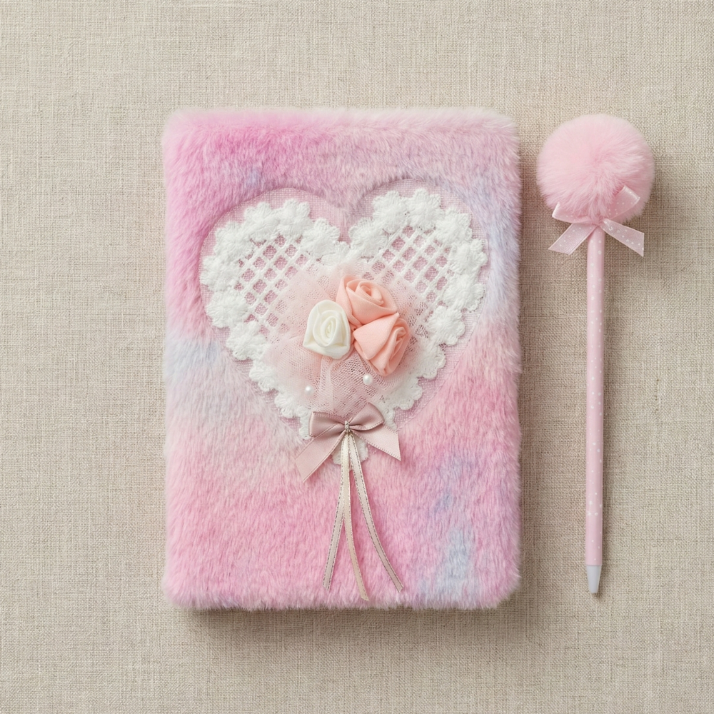 Pink Plush Heart Diary Set with Matching Pom-Pom Pen, Fluffy Journal with Lace & Rose Accents