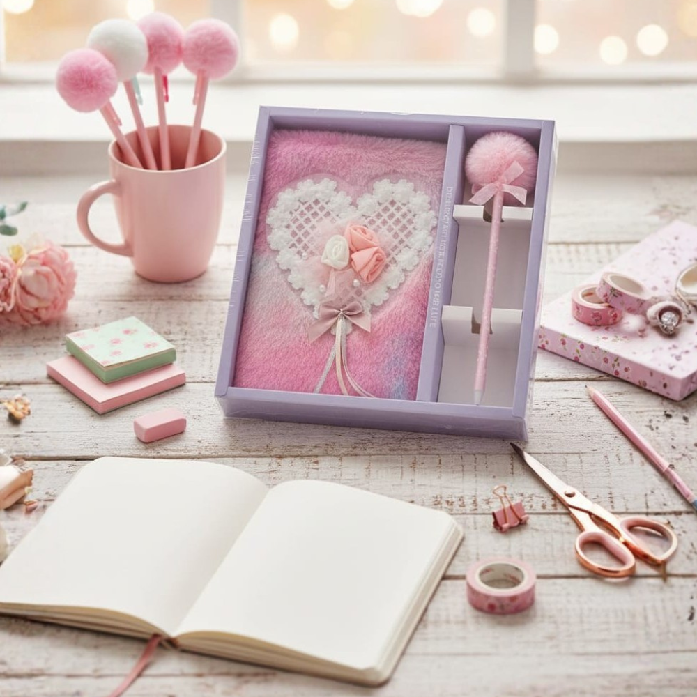 Pink Plush Heart Diary Set with Matching Pom-Pom Pen, Fluffy Journal with Lace & Rose Accents