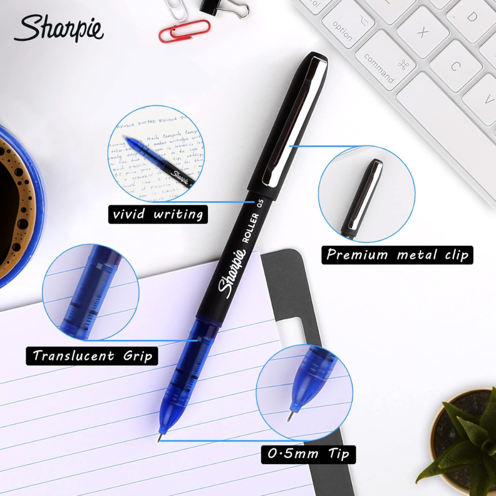 Sharpie Roller Ball Pens – 0.5mm Needle Point – Blue Ink Ball Point Pens (Box of 12)