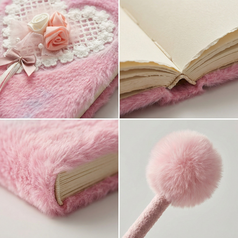 Pink Plush Heart Diary Set with Matching Pom-Pom Pen, Fluffy Journal with Lace & Rose Accents