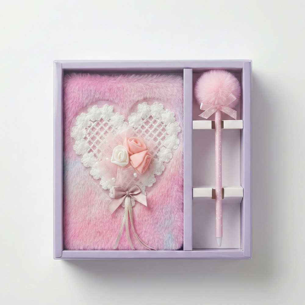 Pink Plush Heart Diary Set with Matching Pom-Pom Pen, Fluffy Journal with Lace & Rose Accents